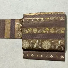 名古屋帯　中古　正絹　紫　西陣織　金糸　華文　鳥　mym159 ブラウン