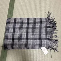 PURE WOOL チェック柄 マフラー ウール カシミア混 グレー 大判