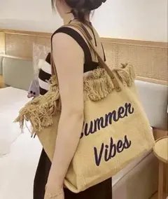 Summer Vibes フリンジ トートバッグ ベージュ