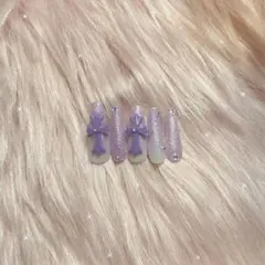 トレンド パープル クロム 紫 ネイルチップ リボン ガーリー 韓国 10本