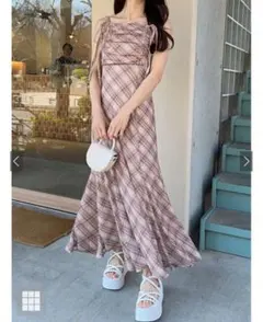 GRL チェック柄ギャザーリボンキャミソールワンピース[dk1411] ベージュ