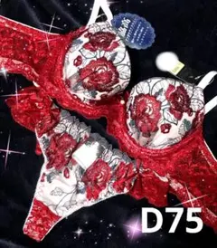 D75 ゴージャスフラワーパール育乳脇高ブラジャー&バック透けTバックショーツ