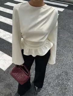 shein ウエストフリル ペプラムブラウス 長袖 ホワイト