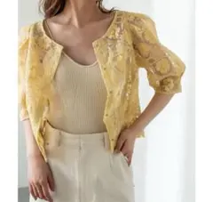 【mystic】ミスティック　半袖パワショルオーガンジーブラウス　イエロー