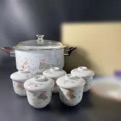 未使用 フラワーベル　両手鍋　24㎝　 蒸し器 蒸し碗5客セット　 ホーロー鍋のサムネイル