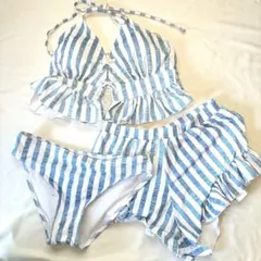 フリルビキニ　ストライプ　水着　ハイウエスト　マタニティ　M-L