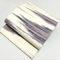 D 美品 横段 よろけ 華文 白地 紫 正絹 六通 袋帯 O14