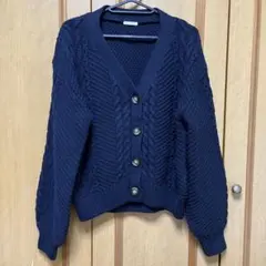 GU ケーブル編みニット カーディガン ネイビー Vネック ショート丈 L