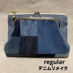 がま口ファスナー財布　ぷち　　デニムリメイクパッチ×デニム　　　ハンドメイド