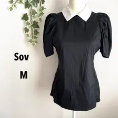 Sov【M】白襟パフスリーブブラウス　黒　リボン　可愛いのサムネイル