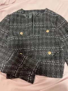 長袖ウールジャケット ツイード風 ブラック・ホワイト ゴールドボタン