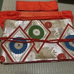 袋帯/帯締め/帯揚げ/重ね襟　セット 華やか袋帯 赤 金 緑 青