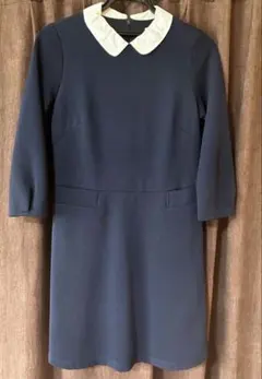 ネイビー 七分袖 ワンピース 襟付き