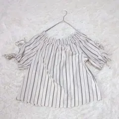オフショルダー ストライプ 半袖 ショート丈 パフスリーブ
