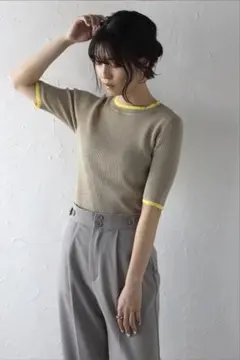 新品ボンジュールサガンbonjour sagan配色デザイン五分五分袖リブニット