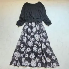 luciole　コーデ風ドッキングワンピース　ロング丈 　ニット　花柄　ＬＬ　黒