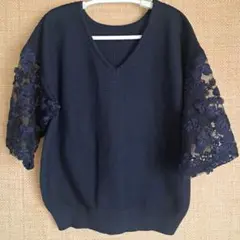 ViS 半袖 ニット ネイビー レース袖 花柄