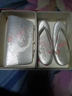 シルバー 花柄 和装用バッグと草履セット