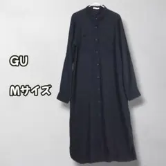 S0371　シャツワンピース　長袖　ロング丈　レーヨン　シンプル　ブラック　M