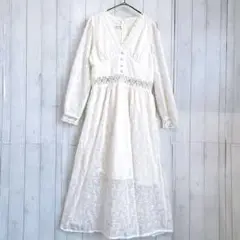 レースロングワンピース (M) Ⅴネック 長袖 透け感 シースルー カジュアル