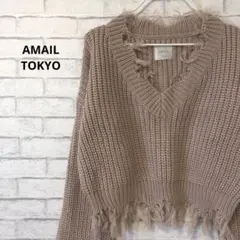 AMAIL TOKYO ショート丈 Vネック フリンジニット くすみピンク Fのサムネイル