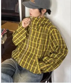 イエロー系チェック フード付きジャケット