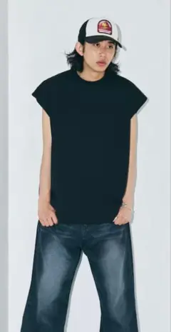 ビッグシルエットドロップショルダーノースリーブクルーネックTシャツ　ブラック