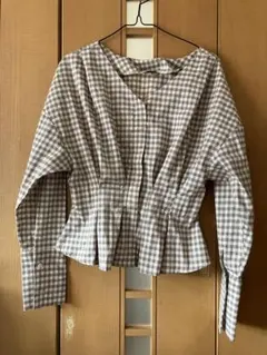 ギンガムチェック Vネックブラウス 長袖 ウエストシャーリング