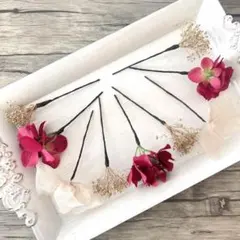 No.17 ビューティーレッド♡紫陽花♡カスミ草♡リボン♡ヘッドパーツ♡髪飾り♡