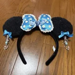 ミッキー耳カチューシャ 黒と水色の水玉