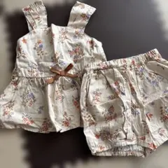 プティマイン　 花柄ベージュコットンシャツ・ショーツセット