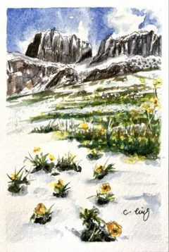 【原画】岩山の春　ヨーロッパの山　風景画　水彩画