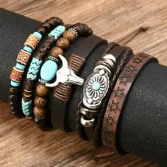 ターコイズ 6連 ヴィンテージ アクセサリー ウッドブレスレット レザー風