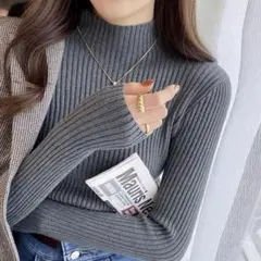 【新品】ハイネックニット ボトルネック リブニット トップス グレー