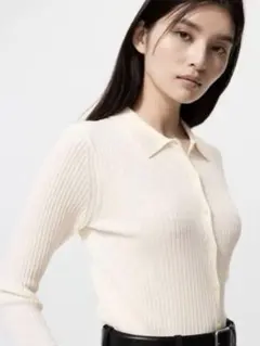 【人気】メリノブレンドリブポロカーディガン