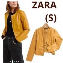 ☘️(S)ザラ/ZARA ノーカラーフェイクレザージャケット　長袖　イエロー系のサムネイル