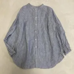 ナノユニバース　リネン100% シャツ　バンドカラー　ストライプ　オーバーサイズ