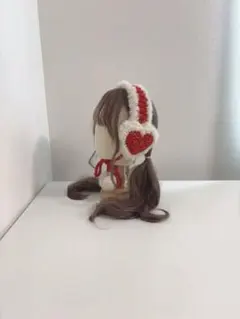 ハート　赤　ホワイト　耳あて　イヤーマフ　ハンドメイド