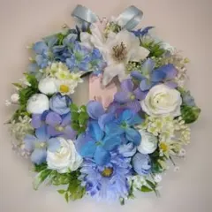 ◎265.爽やかブルーとホワイト系エレガントなリース♡薔薇、紫陽花等【匿名配送】
