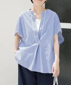 アーバンリサーチドアーズ　ストライプコクーンシャツ　リネン　ブルー　M