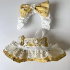 10cm〜12cm ぬい服 メイド服 エプロンドレス 黄色 花柄 ハートパール