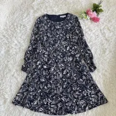 組曲 クミキョク ワンピース 総柄 ネイビー ボーダー フリル袖　Ｌ