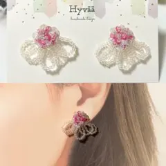ピンク　クリア　スパンコール　ビーズ　ハンドメイド　ピアス　イヤリング　ヒュヴァ