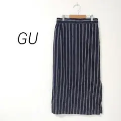 82 GU ジーユー ロング タイトスカート ストライプ 麻 綿 ウエストゴム