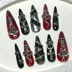 021【現品】ネイルチップ 赤 黒 パンク 量産型 地雷系