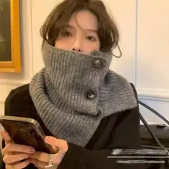 ネックウォーマー　小顔　マフラー　ボタン　ショール　韓国　極暖　ニット　グレー