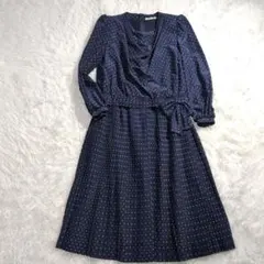 昭和レトロ ヴィンテージドット柄 花柄 プリーツ ロングワンピース ネイビー