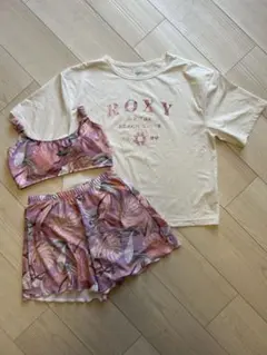 【ジャンク品】ROXY 水着 3点セット／ビキニ　ラッシュガード150cm