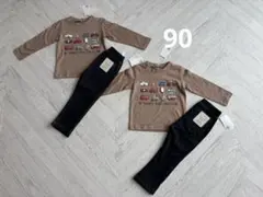 新品　90cm 長袖トップス＆ボトムス　ぷっくり立体プリント　車　双子