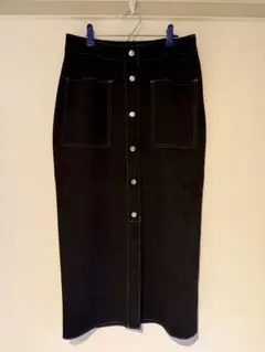 ZARA【M】コントラストトップステッチ ミディ スカート　黒　ストレッチ